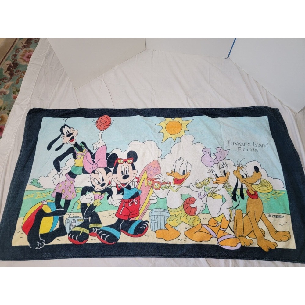 Vintage Disney Mickey Mouse Beach Towel Treasure Island Florida Minnie Donald‎